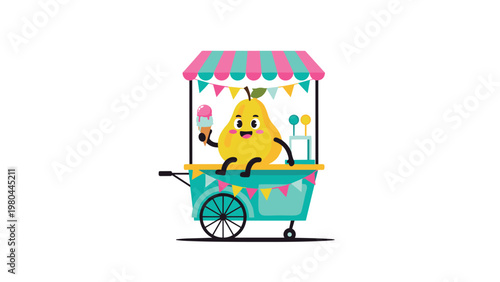 Whimsical cartoon of a happy pear character sitting on a colorful ice cream cart and holding a delicious pink ice cream cone.