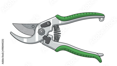 Professional garden pruning shears with sharp metal blades and comfortable green handles, used for trimming plants and branches.