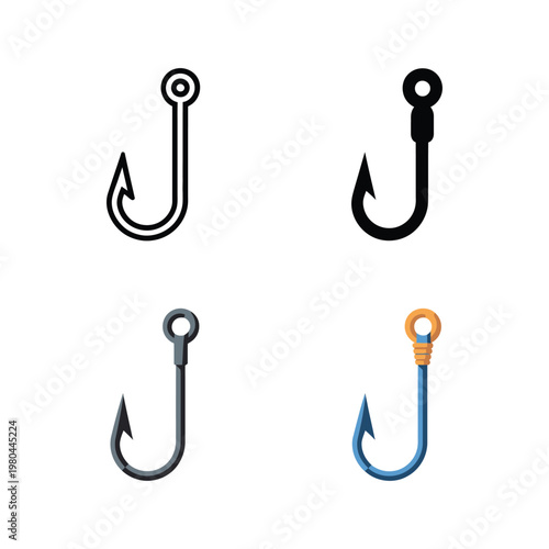 Angling hook collection, barbed lure icons, freshwater and saltwater kit, boating weekend banner, camping trip checklist, vector illustration design