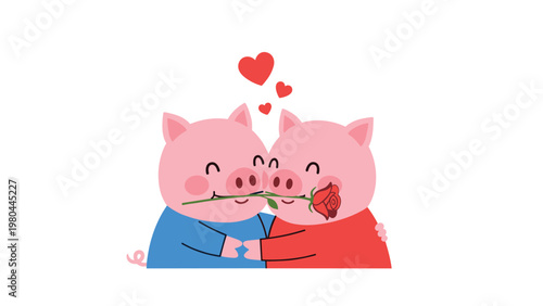 Heartwarming cartoon illustration of two pink pigs hugging each other and sharing a single red rose, surrounded by small hearts.