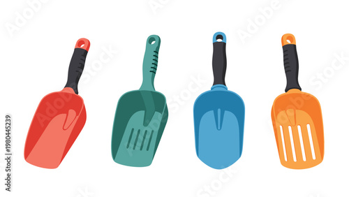 Set of four colorful plastic hand tools for gardening, including various trowels and scoops in red, green, blue, and orange.
