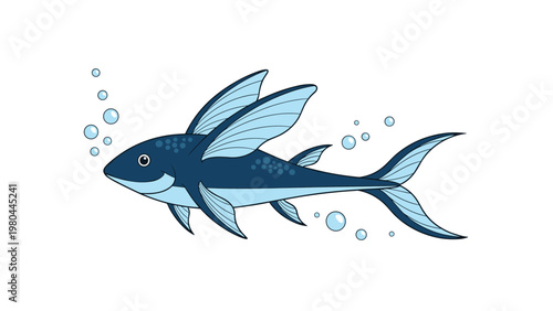 Detailed illustration of a deep blue flying fish soaring through the air with translucent wings and small water bubbles.