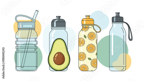 Collection of four different reusable water bottles with various designs, including clear plastic, avocado print, and orange patterns.