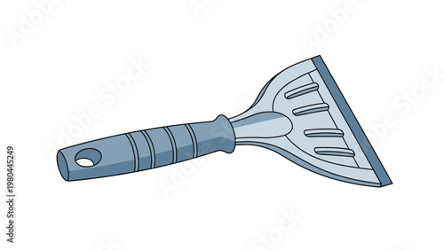 Practical illustration of a blue plastic ice scraper with a textured handle, designed for clearing frost and ice from car windows.
