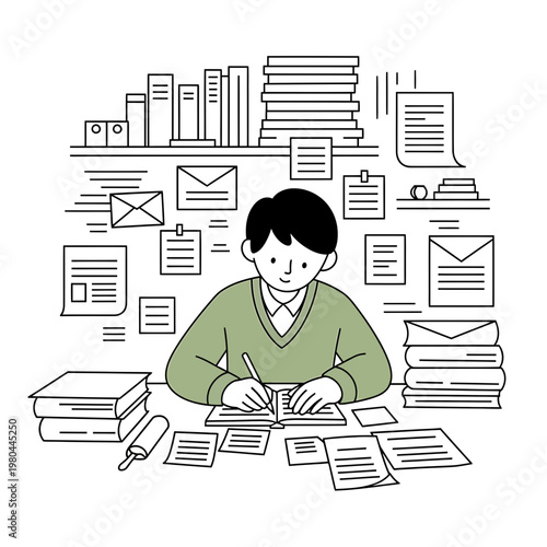 Man studying at desk with books and notes vector illustration