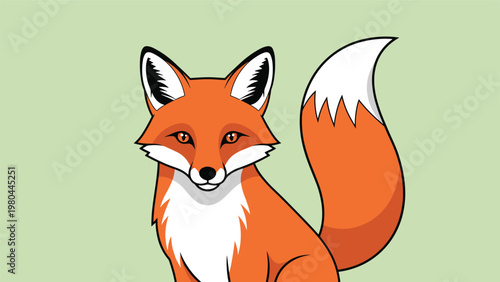 Striking portrait of a red fox with vibrant orange fur, large ears, and a bushy white-tipped tail, set against a soft green background.