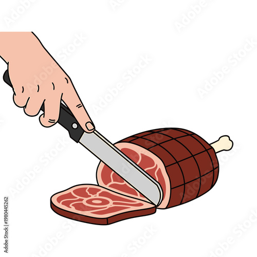 Hand slicing a cooked bone-in ham vector illustration