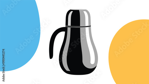 Modern insulated metal thermos bottle with a handle placed against a white background with blue and yellow abstract shapes.