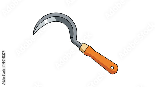 Traditional hand sickle tool with a sharp curved metal blade and a light brown wooden handle used for harvesting crops.