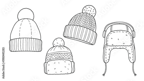 Black and white line art illustration featuring four different styles of winter hats including beanies and a trapper hat.