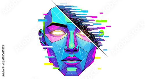 Abstract digital face with glitch effect, AI concept