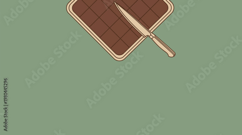 A simple illustration of a kitchen knife resting on a brown quilted pot holder against a muted green background.