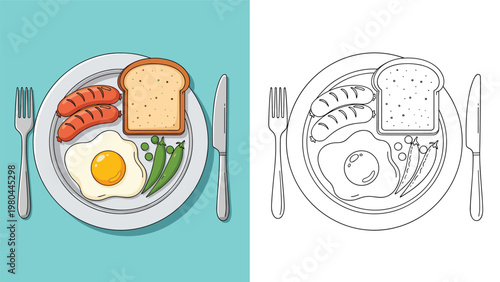 Comparative illustration of a full English breakfast plate with sausages, egg, toast, and peas in both color and line art.