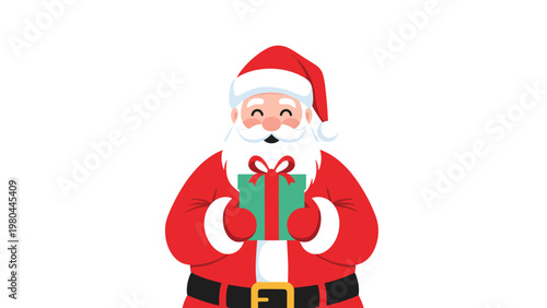 Jolly Santa Claus wearing his iconic red suit and hat holding a green present with a red ribbon on a white background.