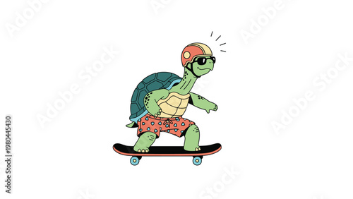 Fun illustration of a cool green turtle wearing a helmet, sunglasses, and swim shorts while riding a skateboard.