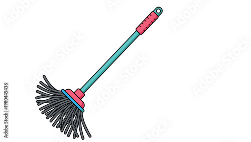 Hand drawn illustration of a cleaning duster or long mop with a turquoise handle and pink grip for household chores.
