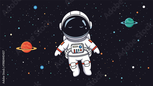 Astronaut floating peacefully in the deep dark space surrounded by colorful planets and many distant shining stars.