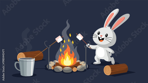 Happy cartoon rabbit roasting marshmallows over a glowing campfire during a starry night outdoor camping adventure.