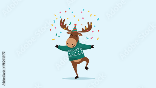 Cheerful cartoon moose wearing a green holiday sweater and party hat while celebrating with bright colorful confetti.