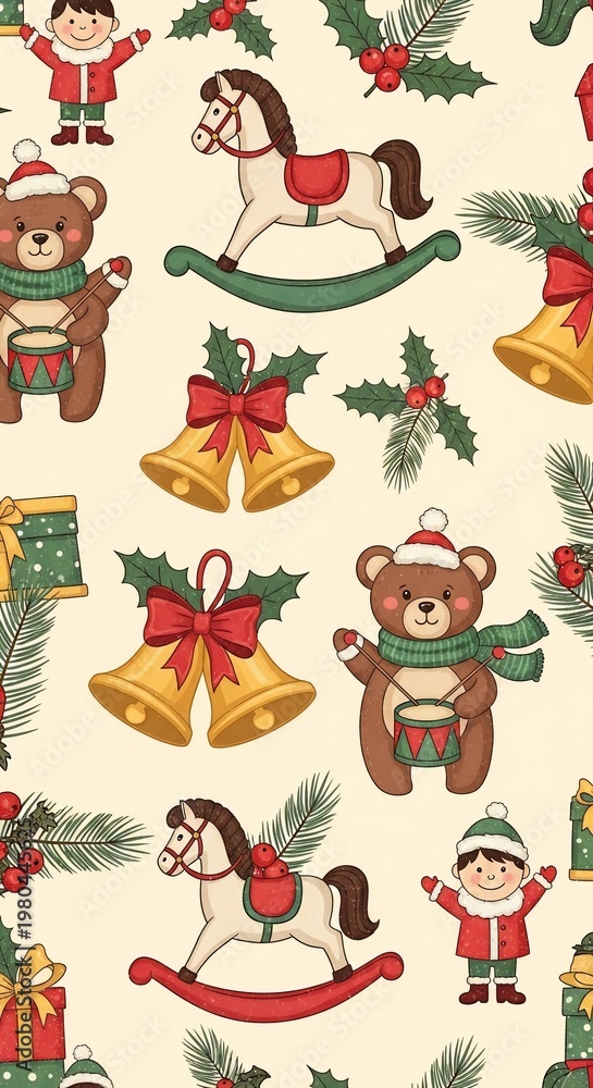 Fototapeta premium Whimsical Hand-Drawn Christmas Toys: Joyful Bears, Rocking Horses, and Bells on a Creamy Canvas