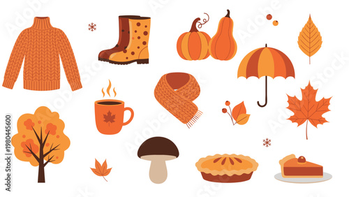 Autumn season flat icon set with cozy sweater, pumpkin, maple leaf, hot coffee, pie, and seasonal elements for fall themed design projects.
