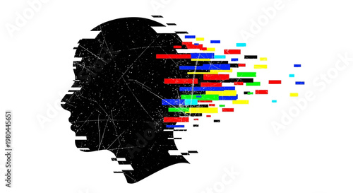 Abstract human head dissolving into colorful digital blocks, representing data loss or AI.