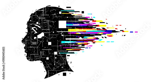 Abstract human head silhouette with digital data stream, AI concept