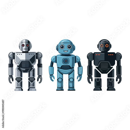 Retro service robot trio icons with metallic bodies, friendly faces, sci fi companion graphics for education worksheets, stickers, toy packaging