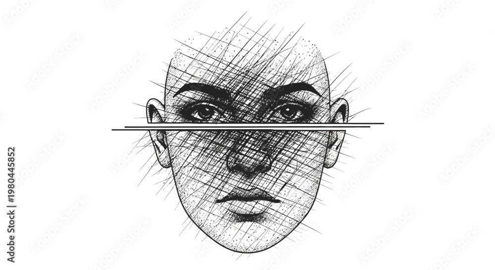 Obraz premium Distorted Face with Lines Overlay, Identity Concept, Black and White Sketch