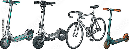 Collection of modern transportation options including electric scooters and a bicycle