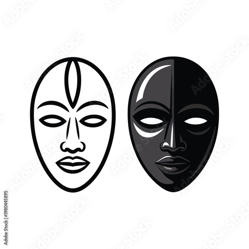 African tribal mask icons set, black and white faces, cultural heritage festival, museum exhibit graphic, craft workshop banner, vector illustration