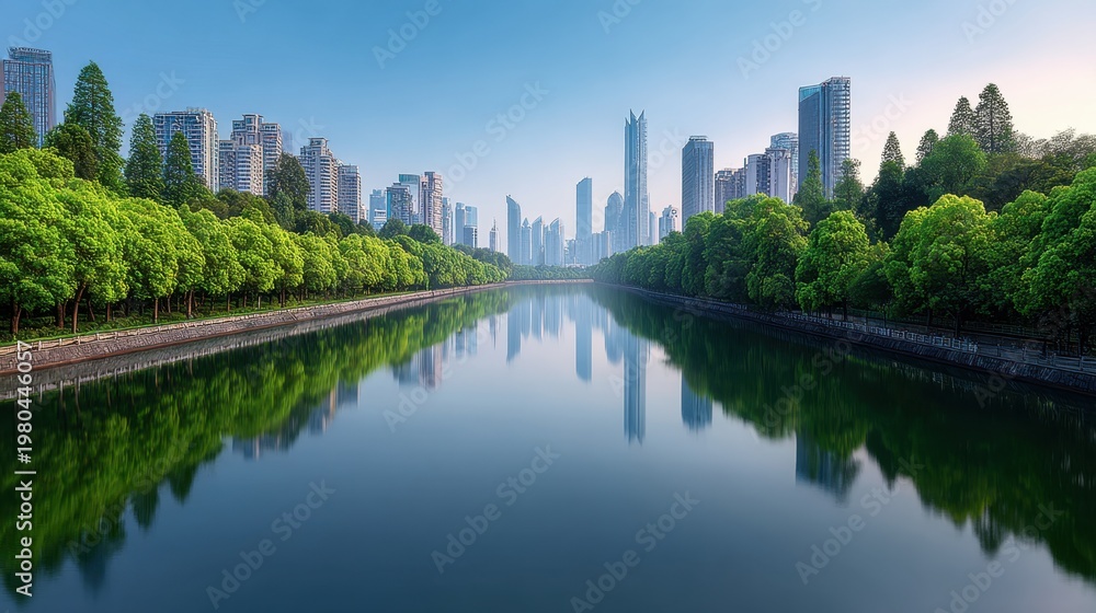 Fototapeta premium Serene Urban Reflection of Skyscrapers and Lush Green Trees Along a Peaceful River in a Modern Cityscape at Dawn