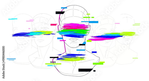 Glitch effect on abstract human head silhouette, digital art, concept of digital identity