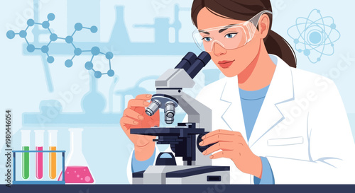 Female scientist examining sample under microscope in laboratory