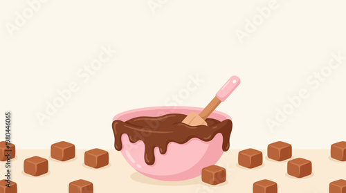 A pink bowl filled with rich melted chocolate and a spoon, surrounded by delicious caramel candies on a light surface.