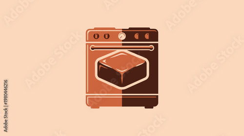 Stylized illustration of a vintage kitchen oven or stove in two shades of brown and orange on a light background.
