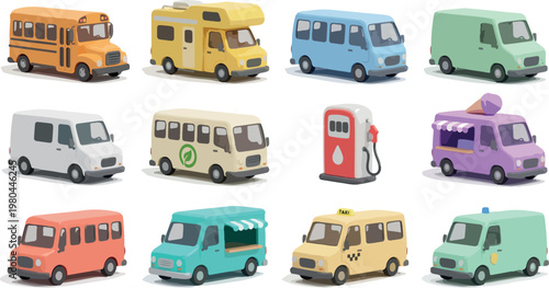 Collection of various colorful vehicles including school buses, Food trucks, And delivery vans