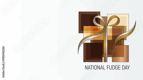 A graphic design celebrating National Fudge Day, featuring brown squares resembling fudge pieces wrapped with a gold and silver ribbon on a white background.