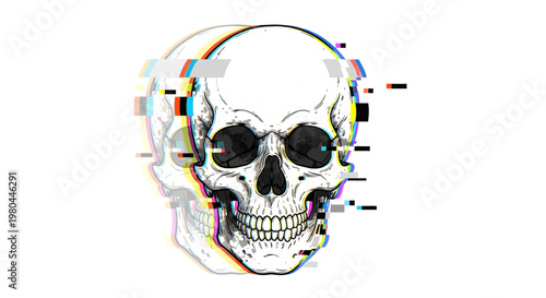 Glitch Skull Illustration with RGB Glitch Effect on White Background
