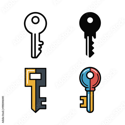 Colorful key icons bundle, antique skeleton keys, housewarming invitation, property open house, key exchange event, locksmith workshop, vector illustration design