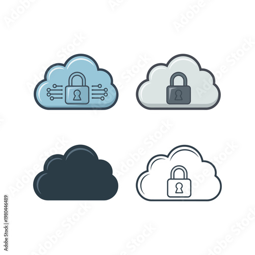 Secure cloud icons set, locked cloud storage, data backup safety, privacy banner, online account protection, cyber defense, vector illustration design
