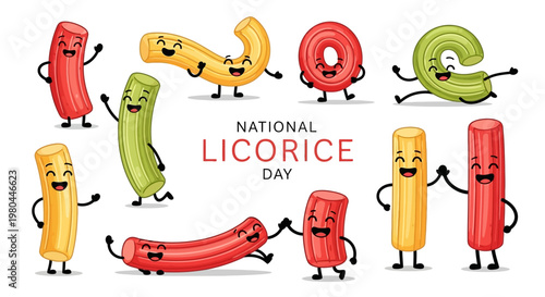 Animated licorice candies celebrate national licorice day in a colorful illustration, showing assorted flavors in a playful composition with happy, smiling faces against a bright white