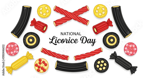 Overhead shot featuring a variety of licorice sweets and candies in red, black, and yellow, arranged against a clean white background to celebrate National Licorice Day with a whimsical