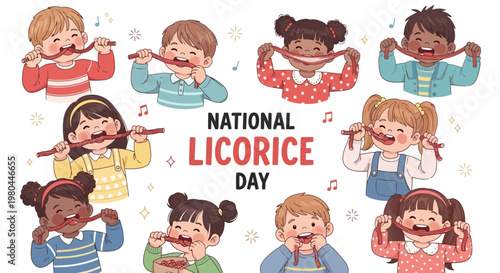 A cheerful group of children celebrate National Licorice Day by playfully stretching red and black licorice candy sweets into funny smiles, set against a light background in a colorful