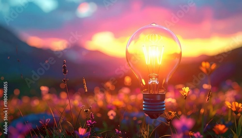 Radiant Inspiration: Light Bulb Shines in a Golden Hour Wildflower Field