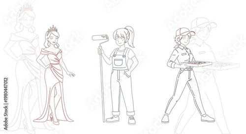 Professional women characters vector set with princess painter and delivery worker in anime line art style for diverse career concepts