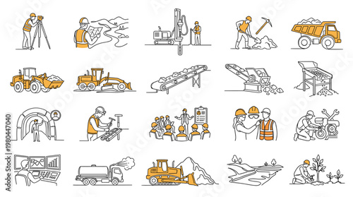 Construction and engineering outline icons set with workers machinery trucks pipelines and site processes in editable vector line style with orange accents