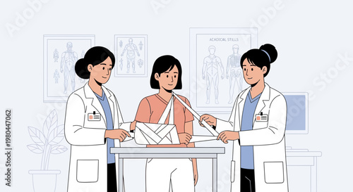 Doctors applying a cast to a patient's arm in a medical examination room.
