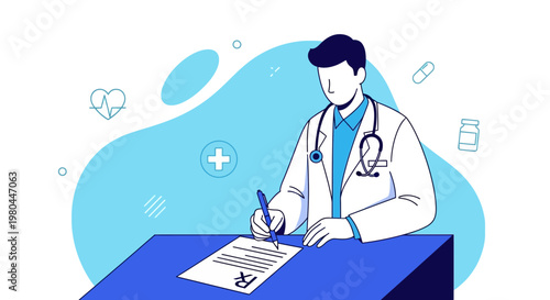 Doctor writing prescription at desk, medical symbols and pills in background