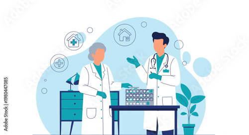 Doctors Discussing Medical Treatment Plan with Patient Icons and Building Model